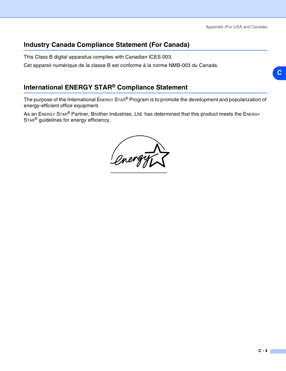 Industry canada compliance statement (for canada), International energy star® compliance statement, Cindustry canada compliance statement (for canada) | International energy star, Compliance statement | Brother HL-2030 User Manual | Page 106 / 110