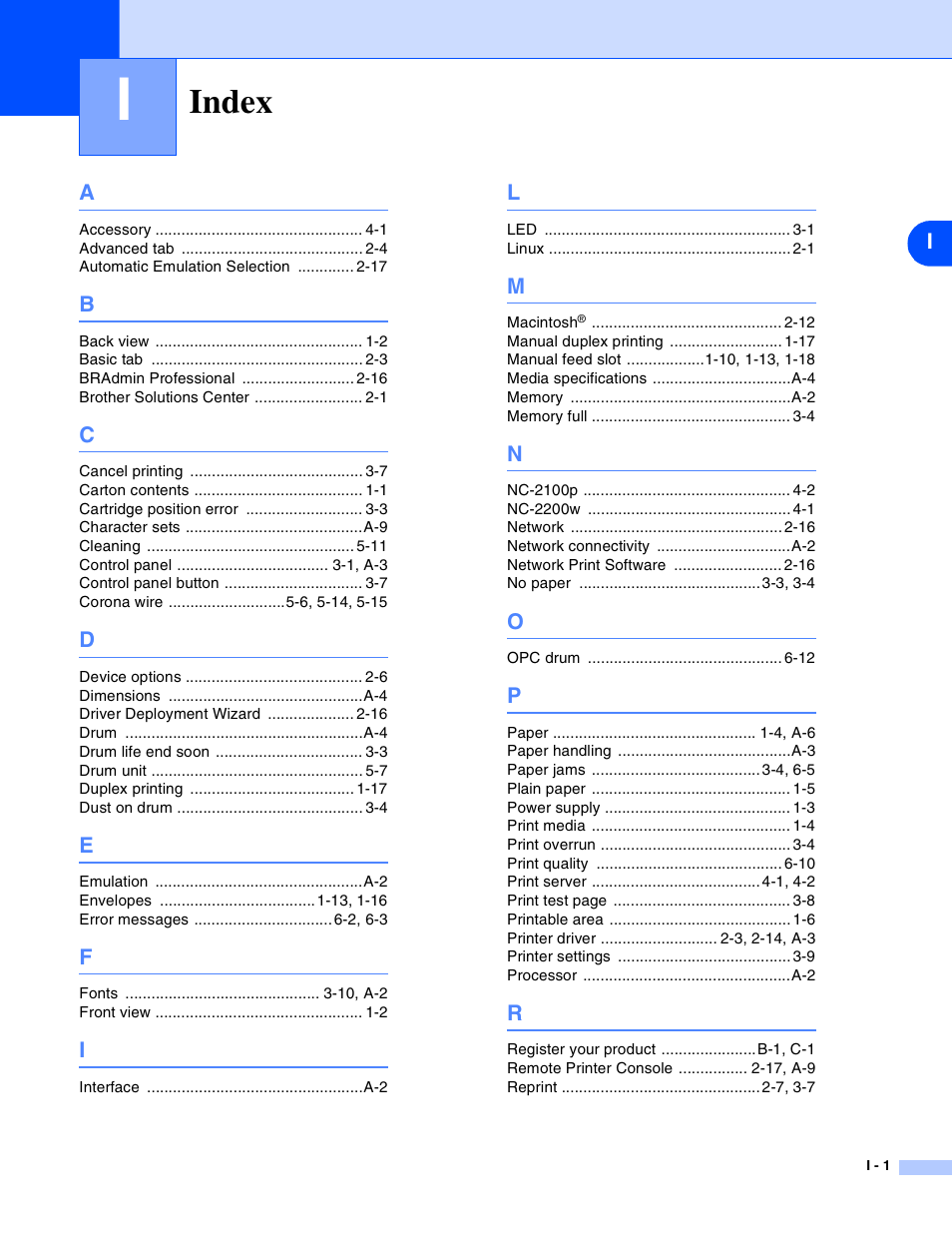 Index | Brother HL-2030 User Manual | Page 109 / 110