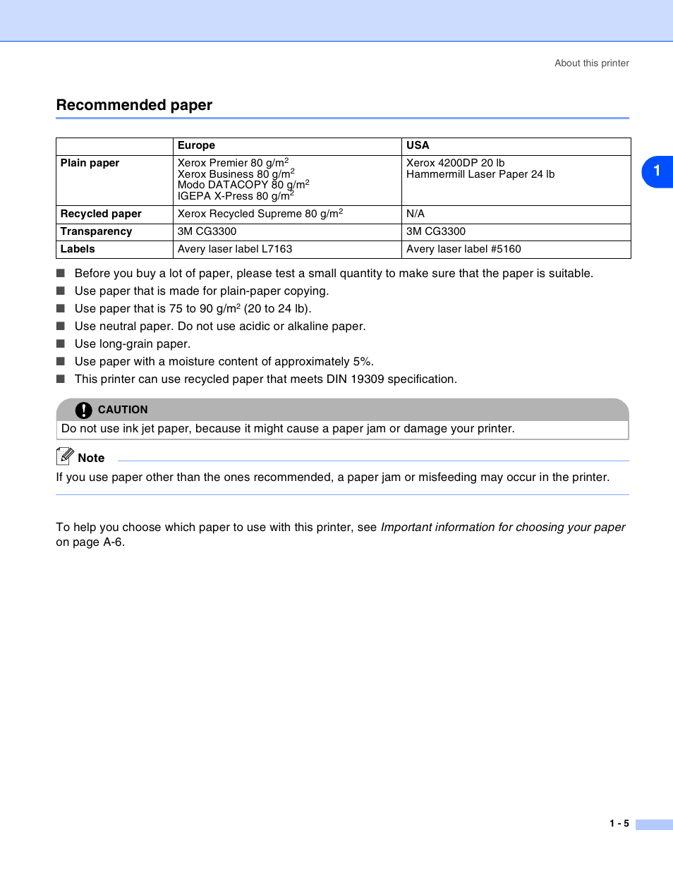 Recommended paper, Recommended paper -5, 1recommended paper | Brother HL-2030 User Manual | Page 12 / 110