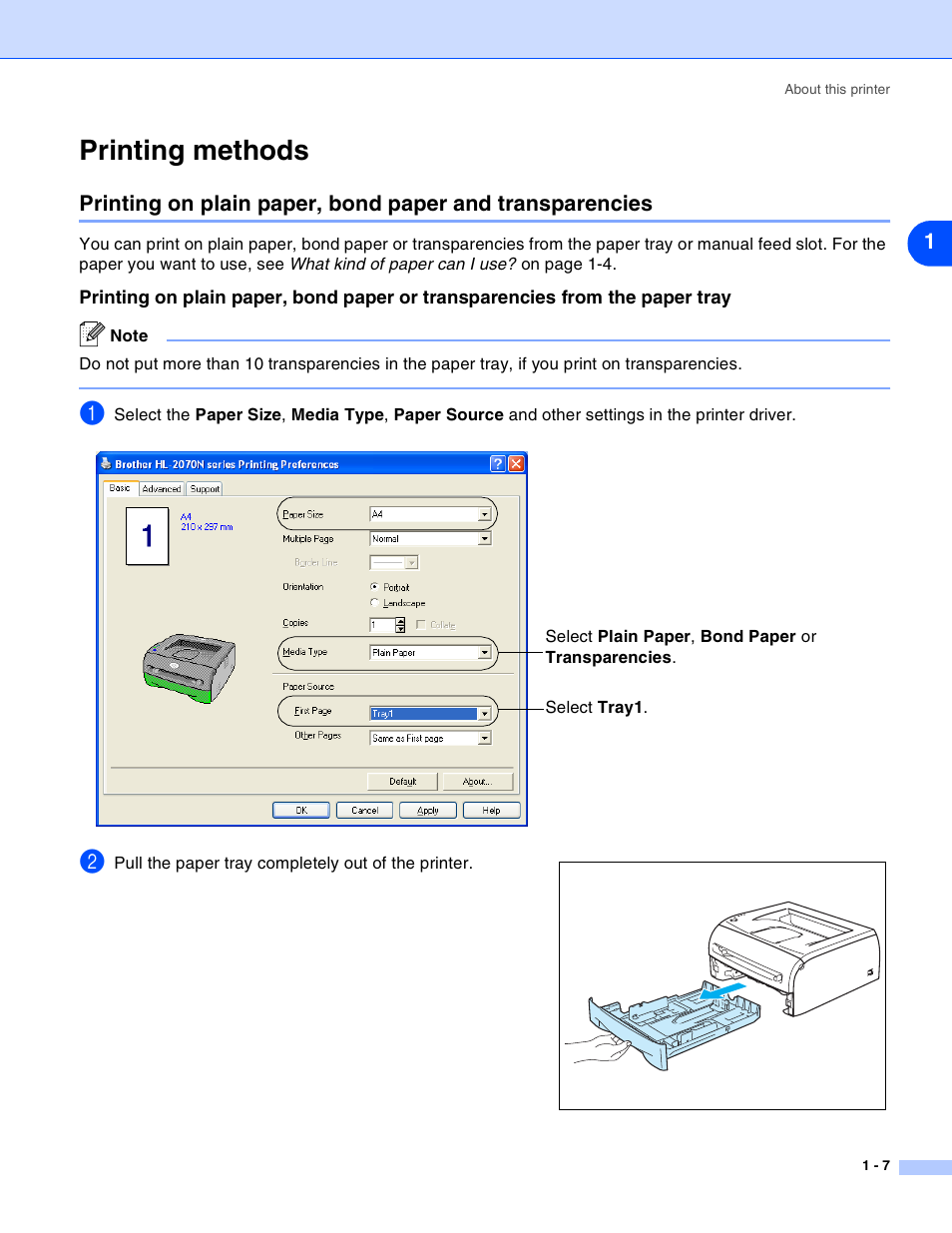 Printing methods, Printing methods -7 | Brother HL-2030 User Manual | Page 14 / 110