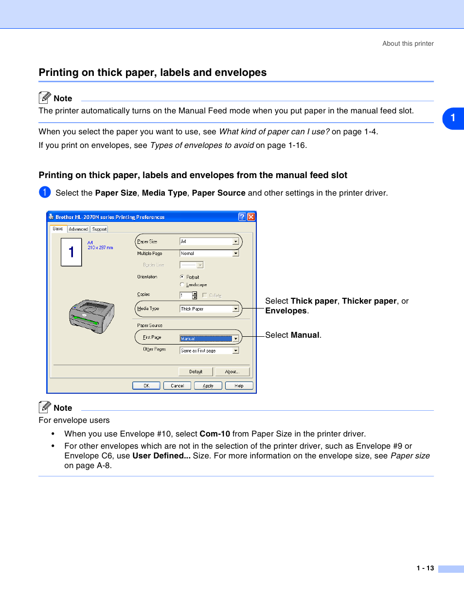 Printing on thick paper, labels and envelopes, Printing on thick paper, labels and envelopes -13, 1printing on thick paper, labels and envelopes | Brother HL-2030 User Manual | Page 20 / 110