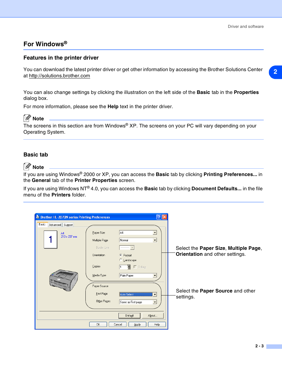 For windows, Features in the printer driver, Features in the printer driver -3 | 2for windows | Brother HL-2030 User Manual | Page 29 / 110