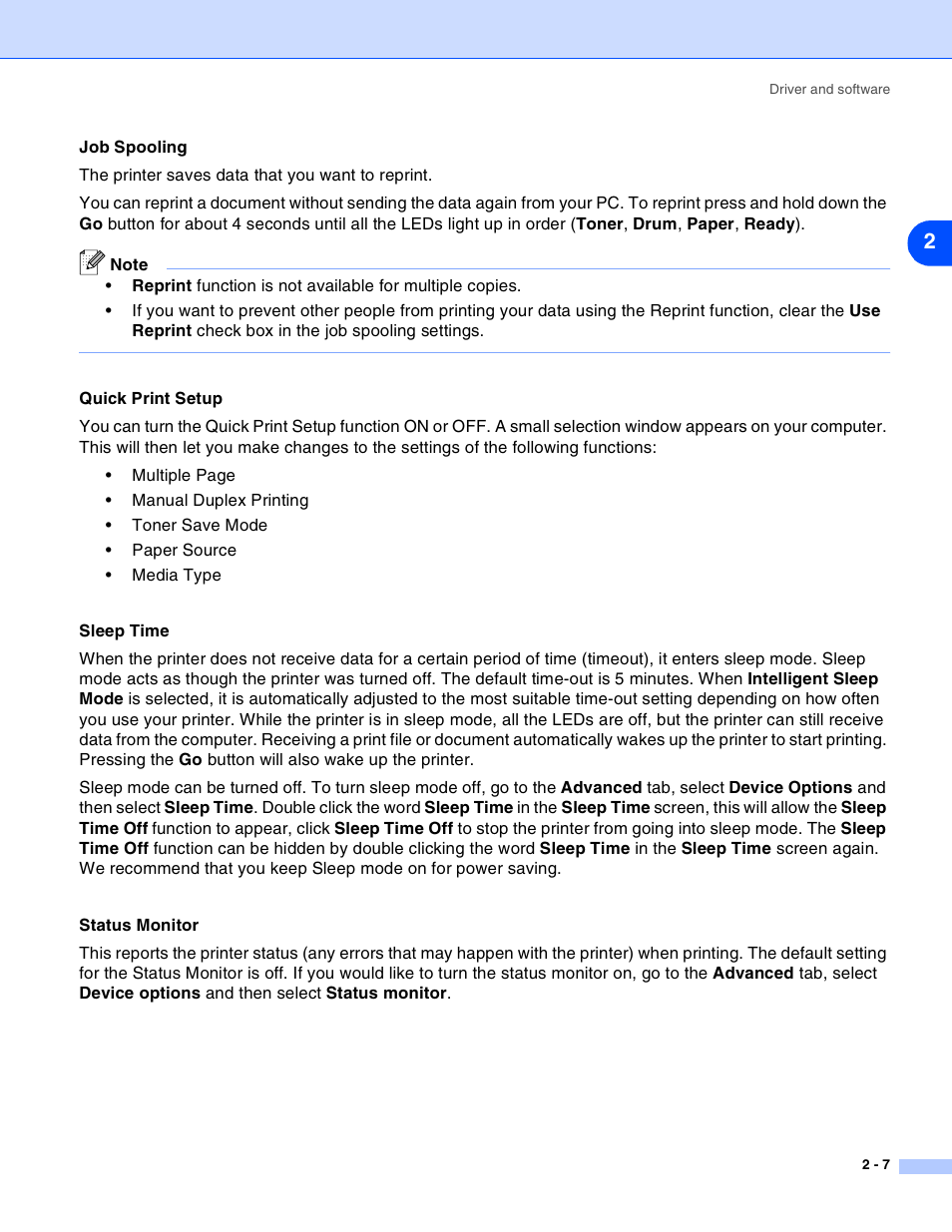 Job spooling, Quick print setup, Sleep time | Status monitor | Brother HL-2030 User Manual | Page 33 / 110