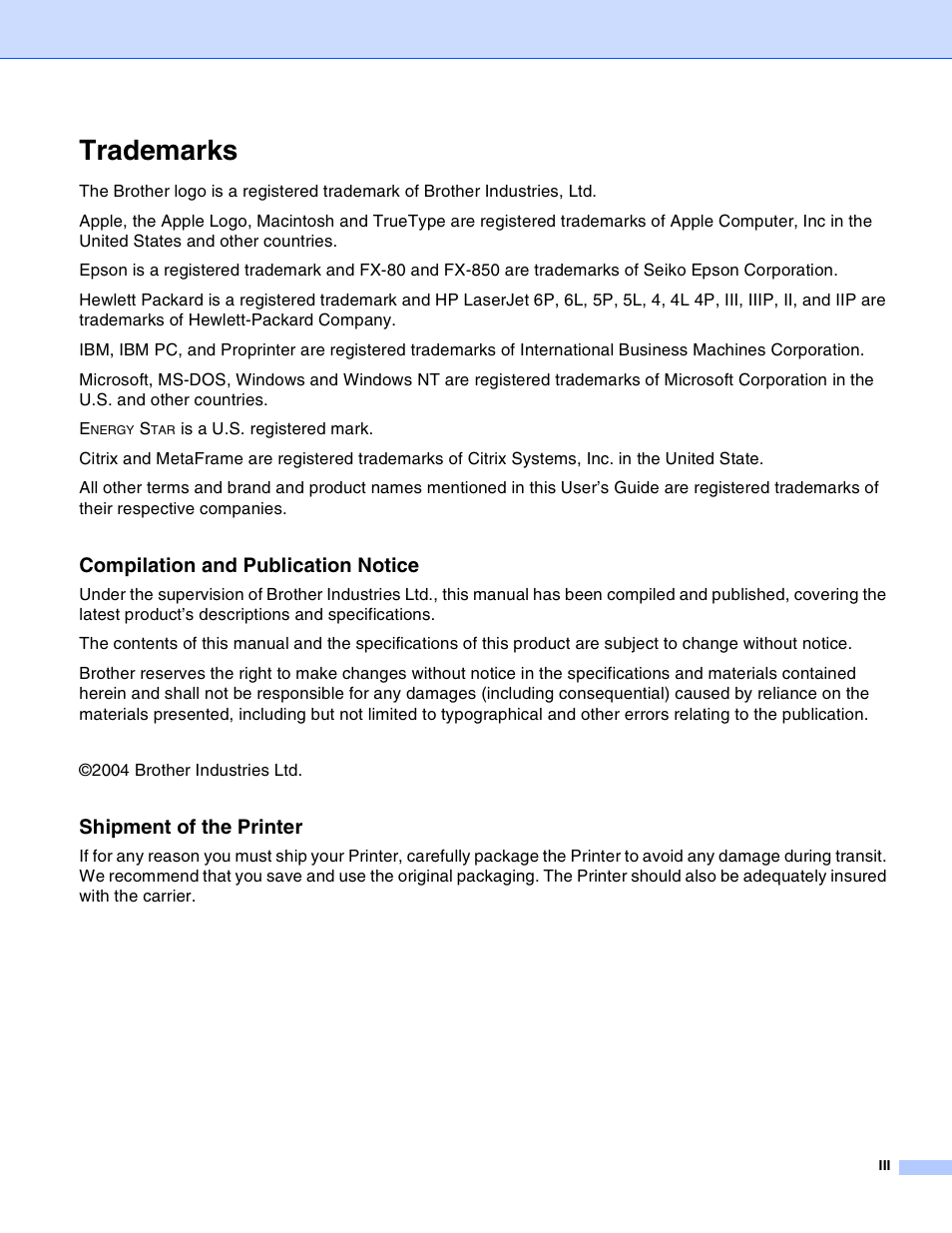 Trademarks, Compilation and publication notice, Shipment of the printer | Brother HL-2030 User Manual | Page 4 / 110