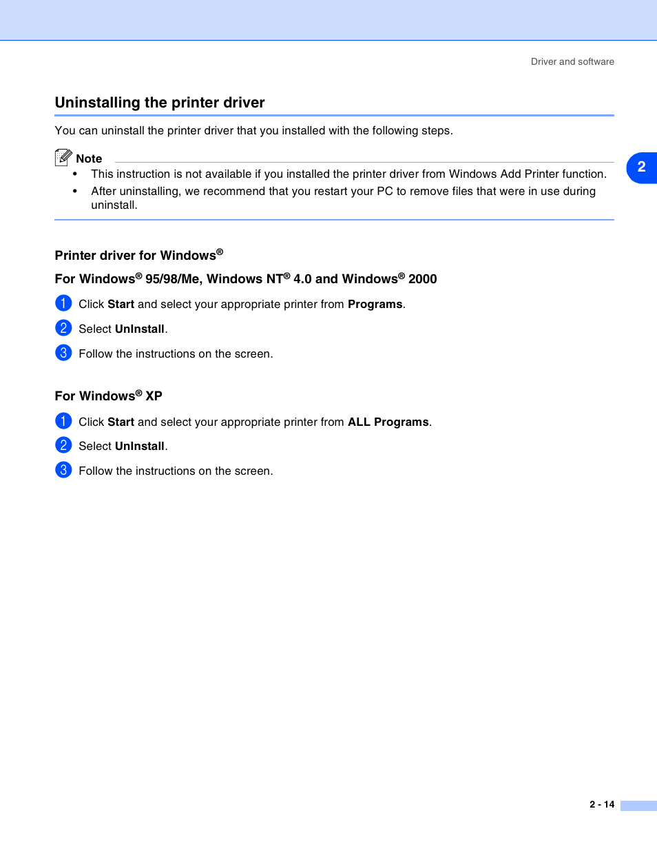 Uninstalling the printer driver, Printer driver for windows, Uninstalling the printer driver -14 | Brother HL-2030 User Manual | Page 40 / 110