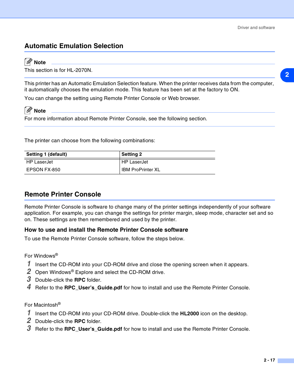 Automatic emulation selection, Remote printer console, 2automatic emulation selection | Brother HL-2030 User Manual | Page 43 / 110