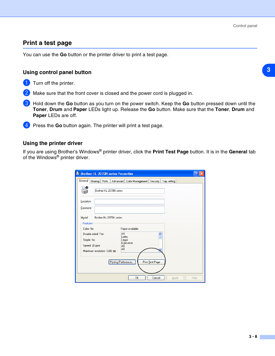 Using control panel button, Using the printer driver | Brother HL-2030 User Manual | Page 51 / 110