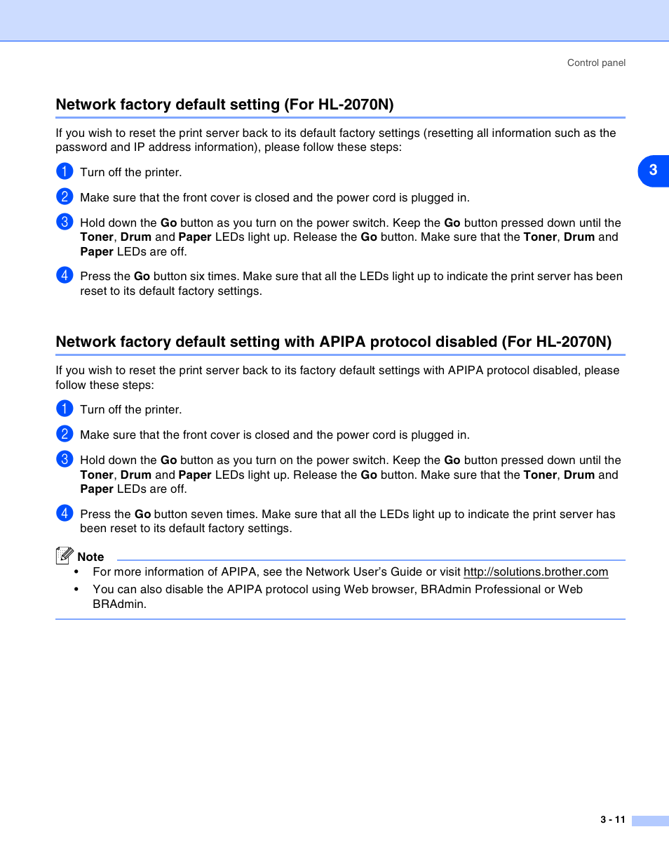 Network factory default setting (for hl-2070n) | Brother HL-2030 User Manual | Page 54 / 110