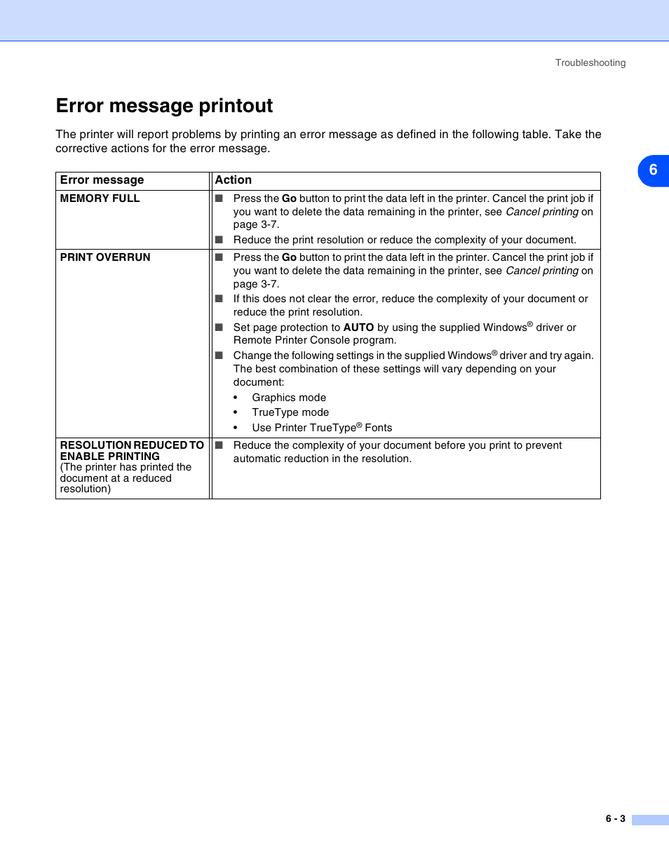 Error message printout, Error message printout -3 | Brother HL-2030 User Manual | Page 74 / 110