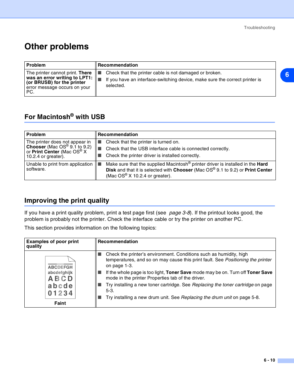 Other problems, For macintosh® with usb, Improving the print quality | Other problems -10, For macintosh, With usb -10, Improving the print quality -10, With usb improving the print quality | Brother HL-2030 User Manual | Page 81 / 110