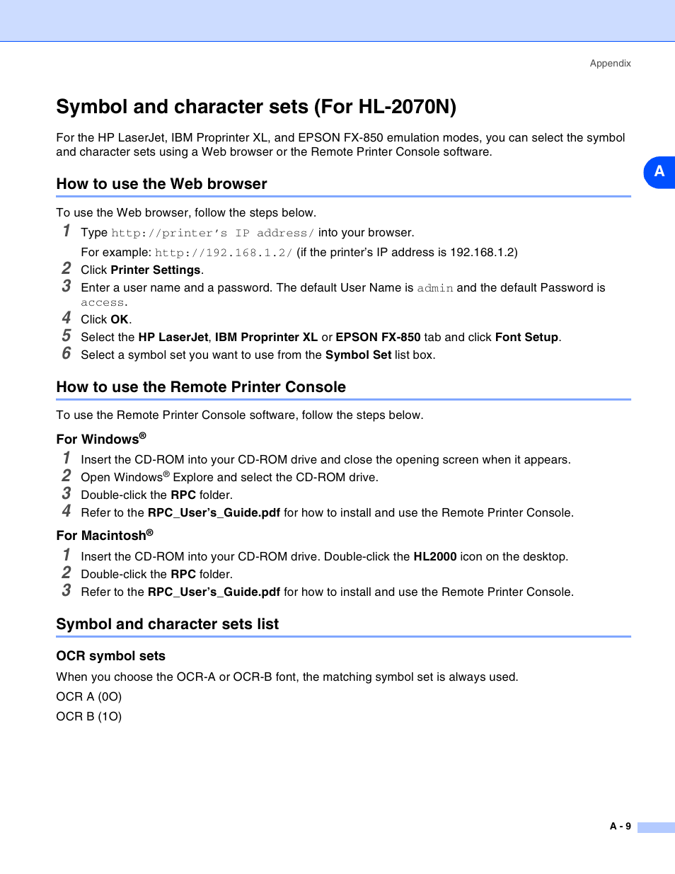 Symbol and character sets (for hl-2070n), How to use the web browser, How to use the remote printer console | For windows, For macintosh, Symbol and character sets list, Ocr symbol sets | Brother HL-2030 User Manual | Page 95 / 110