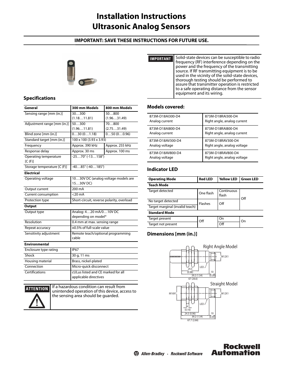 Rockwell Automation 873M Ultrasonic Analog Sensors Installation Instructions User Manual | 2 pages