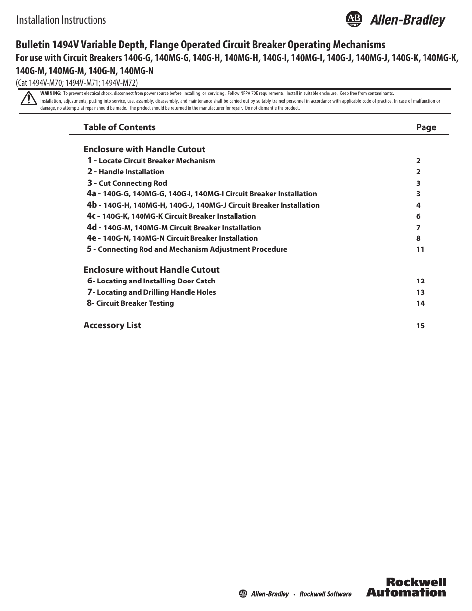 Rockwell Automation 1494V-M70_M7_M72 Variable Depth, Flange Operated Circuit Breaker Operating Mechani User Manual | 16 pages