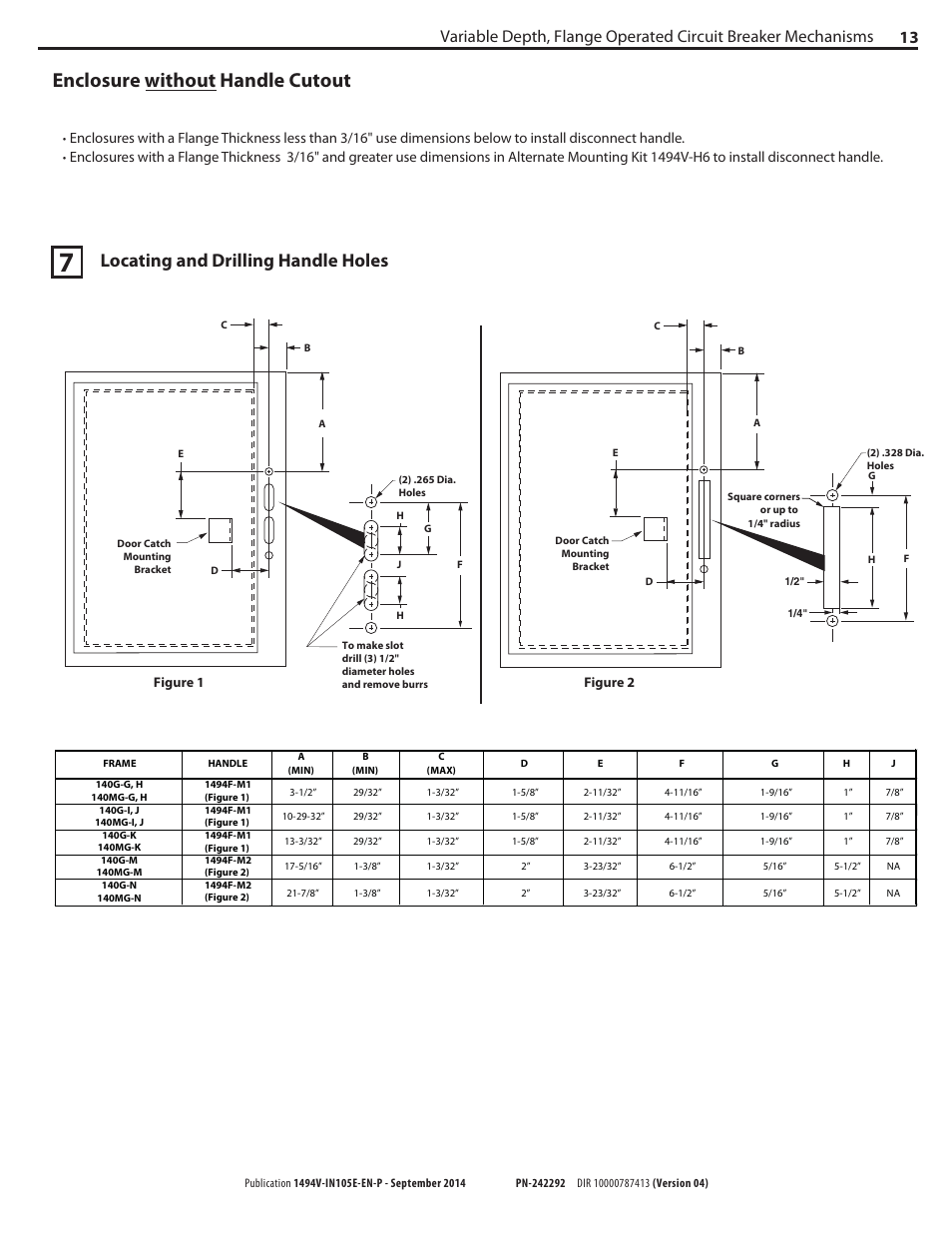 Enclosure without handle cutout, Locating and drilling handle holes | Rockwell Automation 1494V-M70_M7_M72 Variable Depth, Flange Operated Circuit Breaker Operating Mechani User Manual | Page 13 / 16