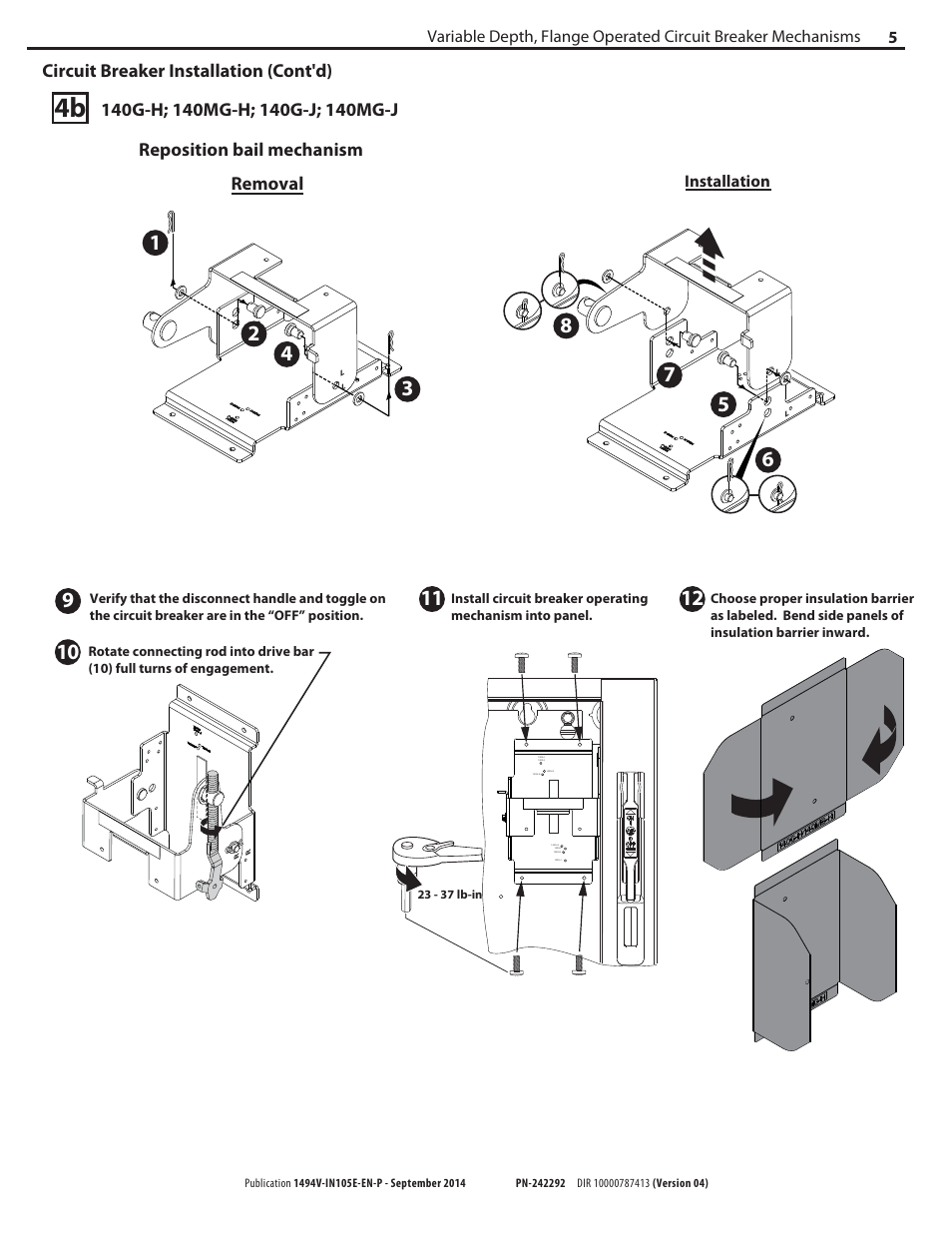 Circuit breaker installation (cont'd), Removal reposition bail mechanism | Rockwell Automation 1494V-M70_M7_M72 Variable Depth, Flange Operated Circuit Breaker Operating Mechani User Manual | Page 5 / 16