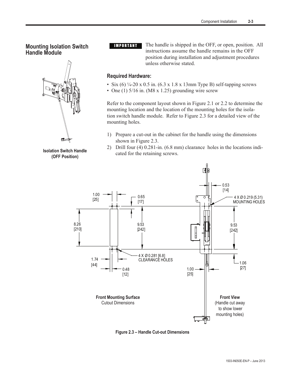Mounting isolation switch handle module | Rockwell Automation 1503 OEM Starter Frame Components Installation Manual User Manual | Page 11 / 58