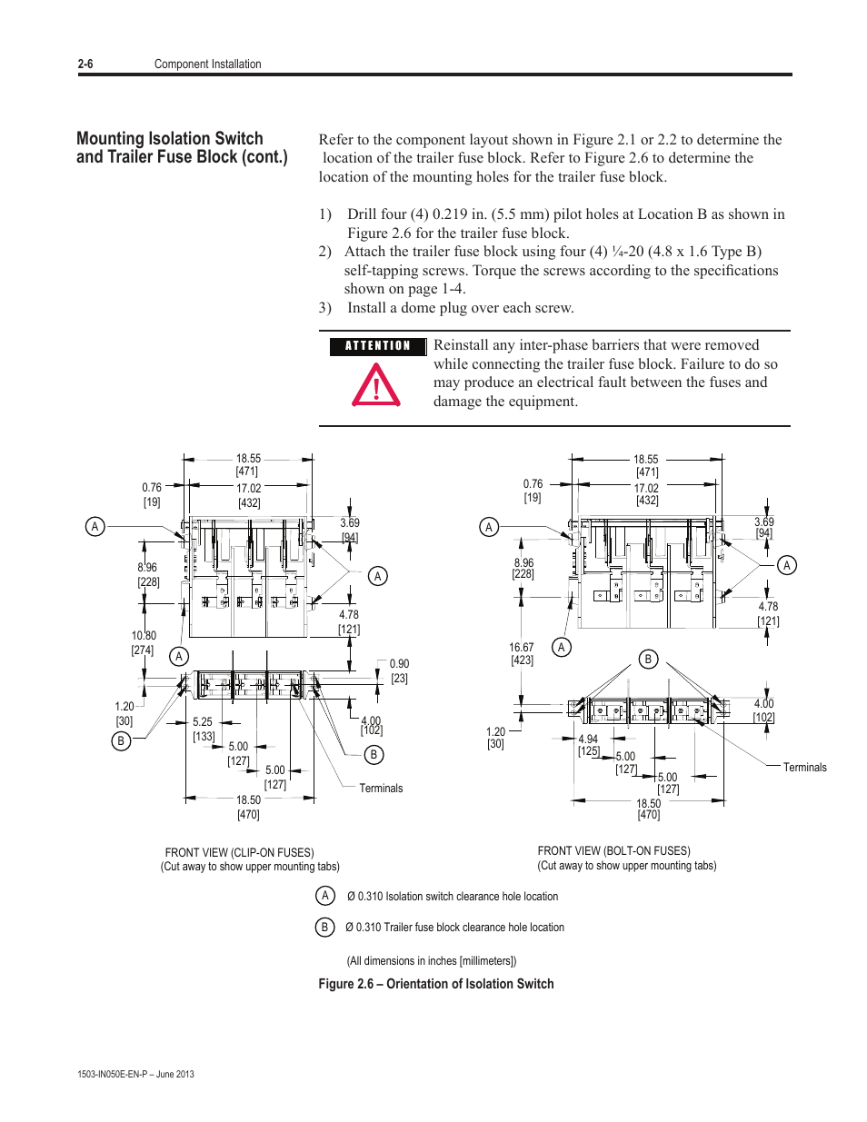 Mounting isolation switch, And trailer fuse block (cont.) | Rockwell Automation 1503 OEM Starter Frame Components Installation Manual User Manual | Page 14 / 58