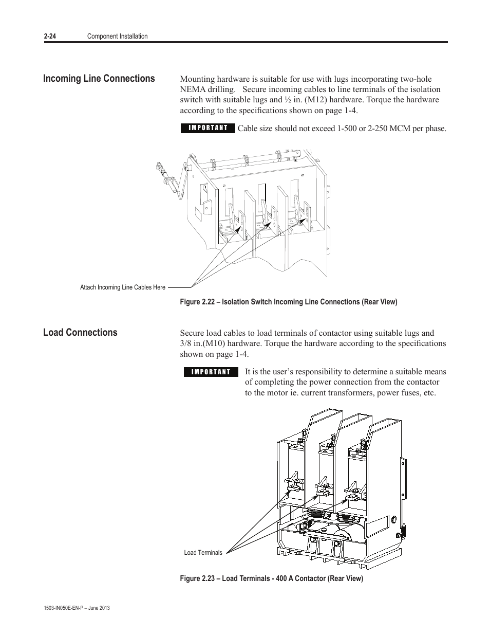 Incoming line connections, Load connections | Rockwell Automation 1503 OEM Starter Frame Components Installation Manual User Manual | Page 32 / 58