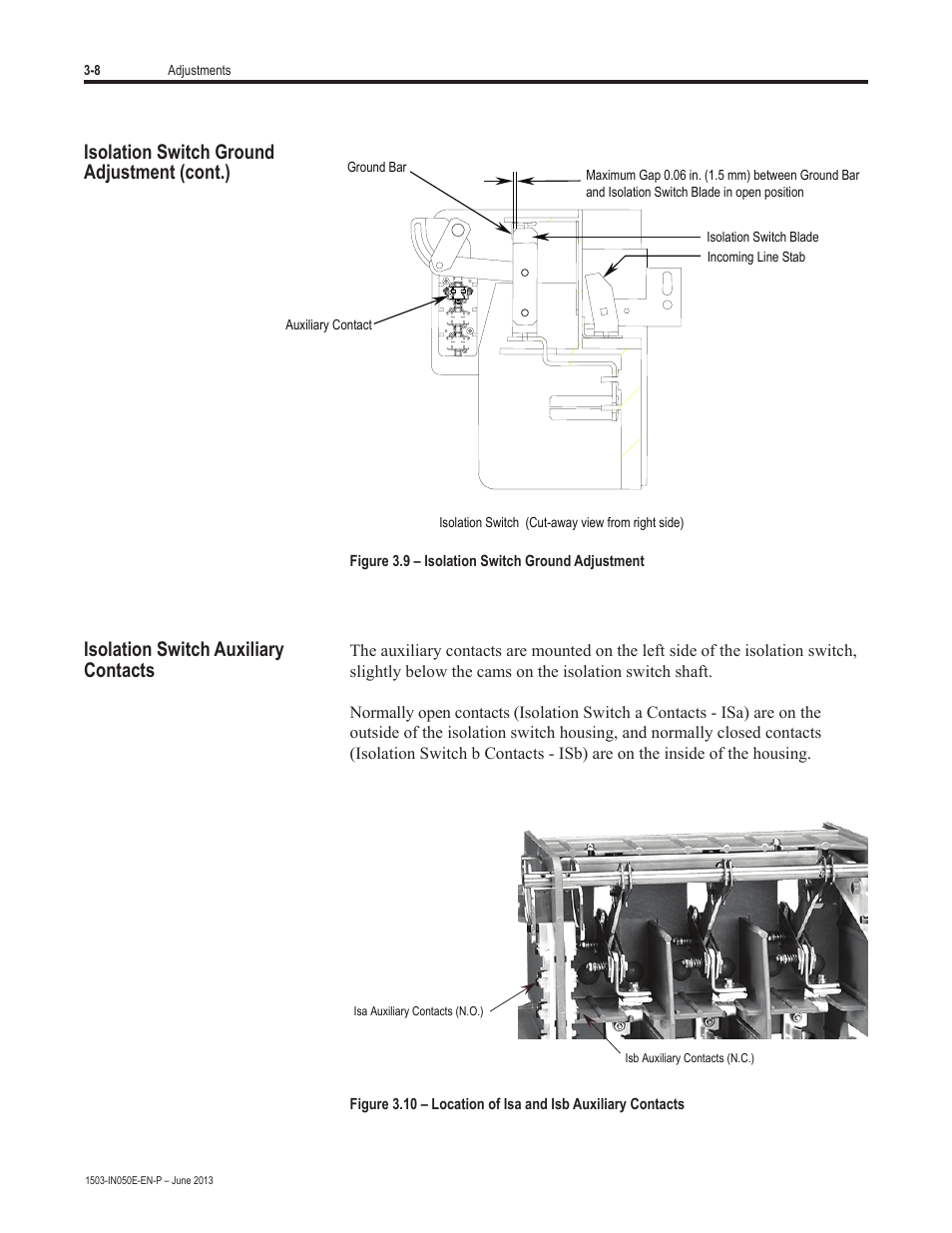 Isolation switch auxiliary, Contacts, Isolation switch ground adjustment (cont.) | Rockwell Automation 1503 OEM Starter Frame Components Installation Manual User Manual | Page 42 / 58