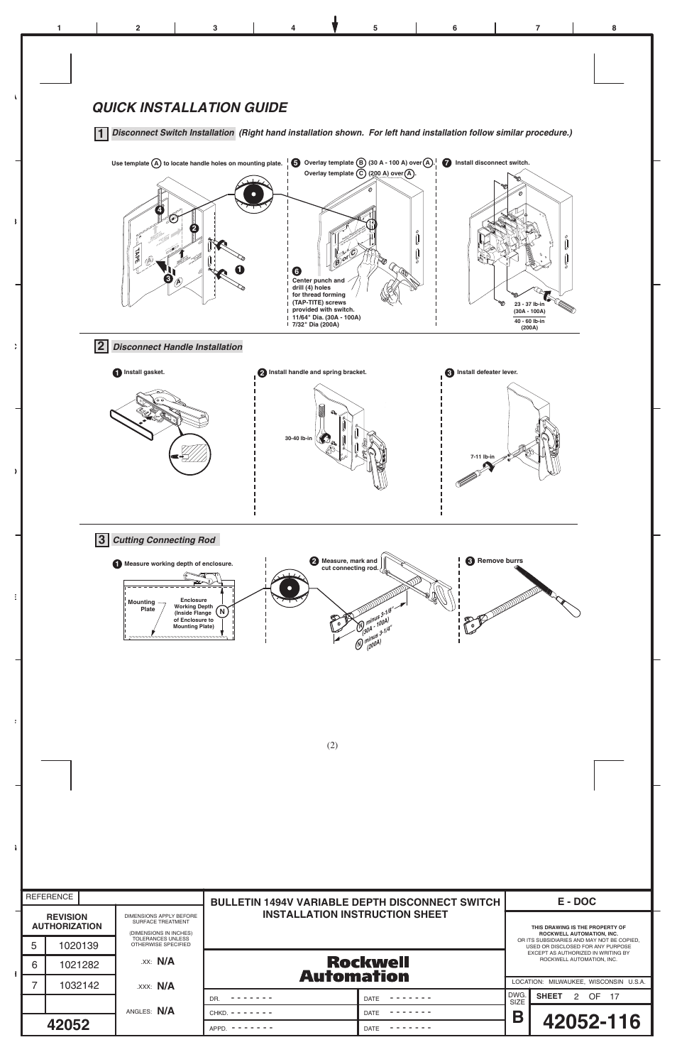 Quick installation guide, Top handle h ole bo tt om han dle hole, Top bo tt | E - doc | Rockwell Automation 1494V-DS30 - DSX200 Disconnect Switch and Accessories User Manual | Page 18 / 32