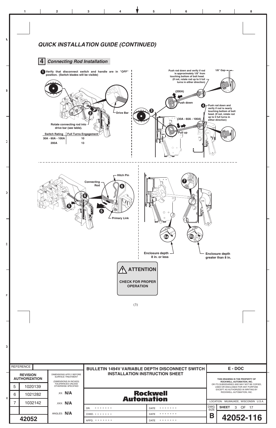 Quick installation guide (continued), Attention, Connecting rod installation | Rockwell Automation 1494V-DS30 - DSX200 Disconnect Switch and Accessories User Manual | Page 19 / 32