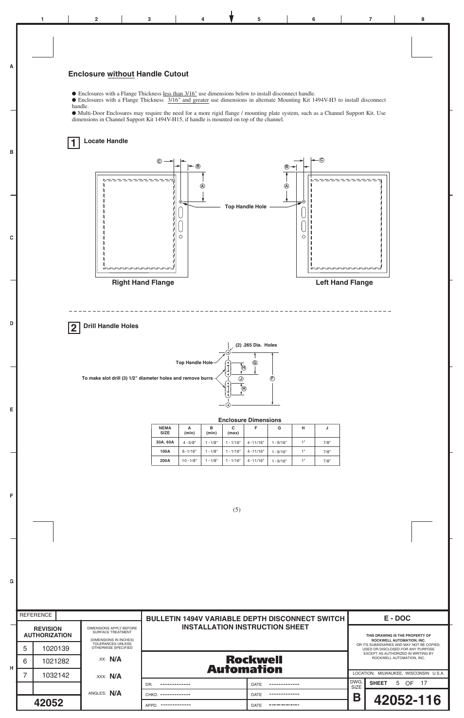 Enclosure without handle cutout, E - doc, Right hand flange | Left hand flange | Rockwell Automation 1494V-DS30 - DSX200 Disconnect Switch and Accessories User Manual | Page 21 / 32