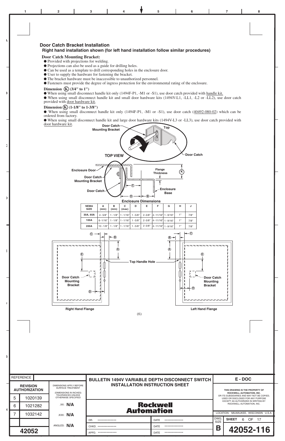 Door catch bracket installation, Door catch mounting bracket, E - doc | Rockwell Automation 1494V-DS30 - DSX200 Disconnect Switch and Accessories User Manual | Page 22 / 32