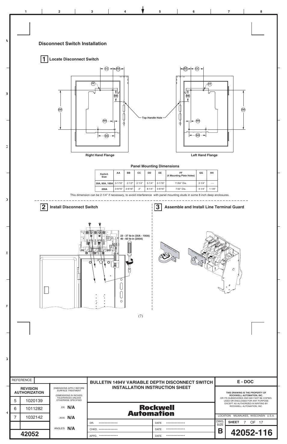 Disconnect switch installation, E - doc | Rockwell Automation 1494V-DS30 - DSX200 Disconnect Switch and Accessories User Manual | Page 23 / 32