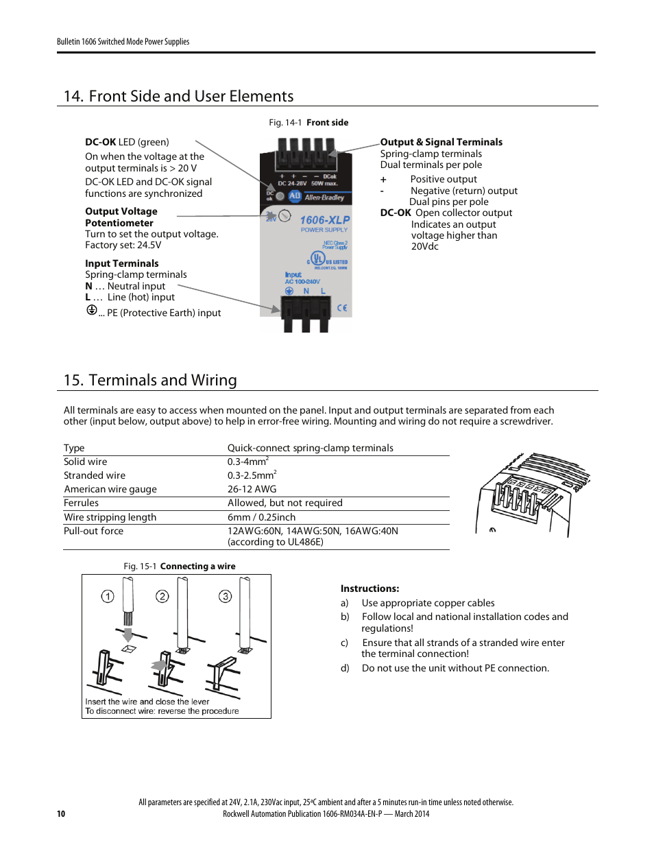 Front side and user elements, Terminals and wiring | Rockwell Automation 1606-XLP50E Power Supply Reference Manual User Manual | Page 10 / 22