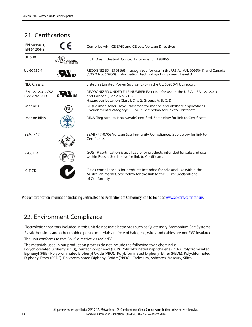 Environment compliance, Certifications | Rockwell Automation 1606-XLP50E Power Supply Reference Manual User Manual | Page 14 / 22