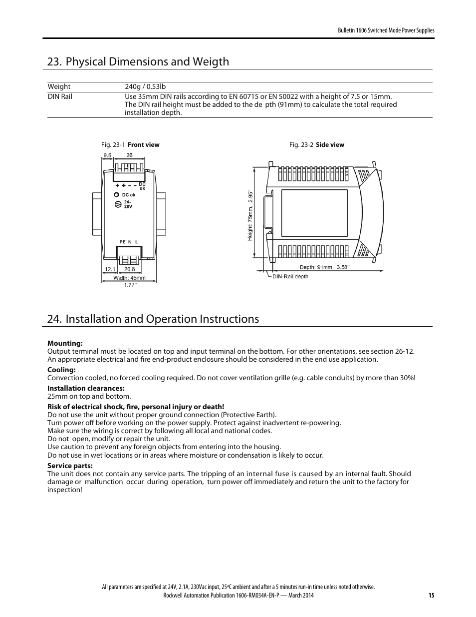 Physical dimensions and weigth, Installation and operation instructions | Rockwell Automation 1606-XLP50E Power Supply Reference Manual User Manual | Page 15 / 22