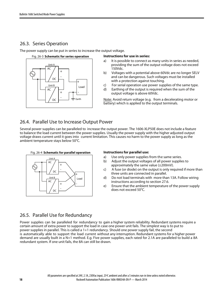 Series operation, Parallel use to increase output power, Parallel use for redundancy | Rockwell Automation 1606-XLP50E Power Supply Reference Manual User Manual | Page 18 / 22