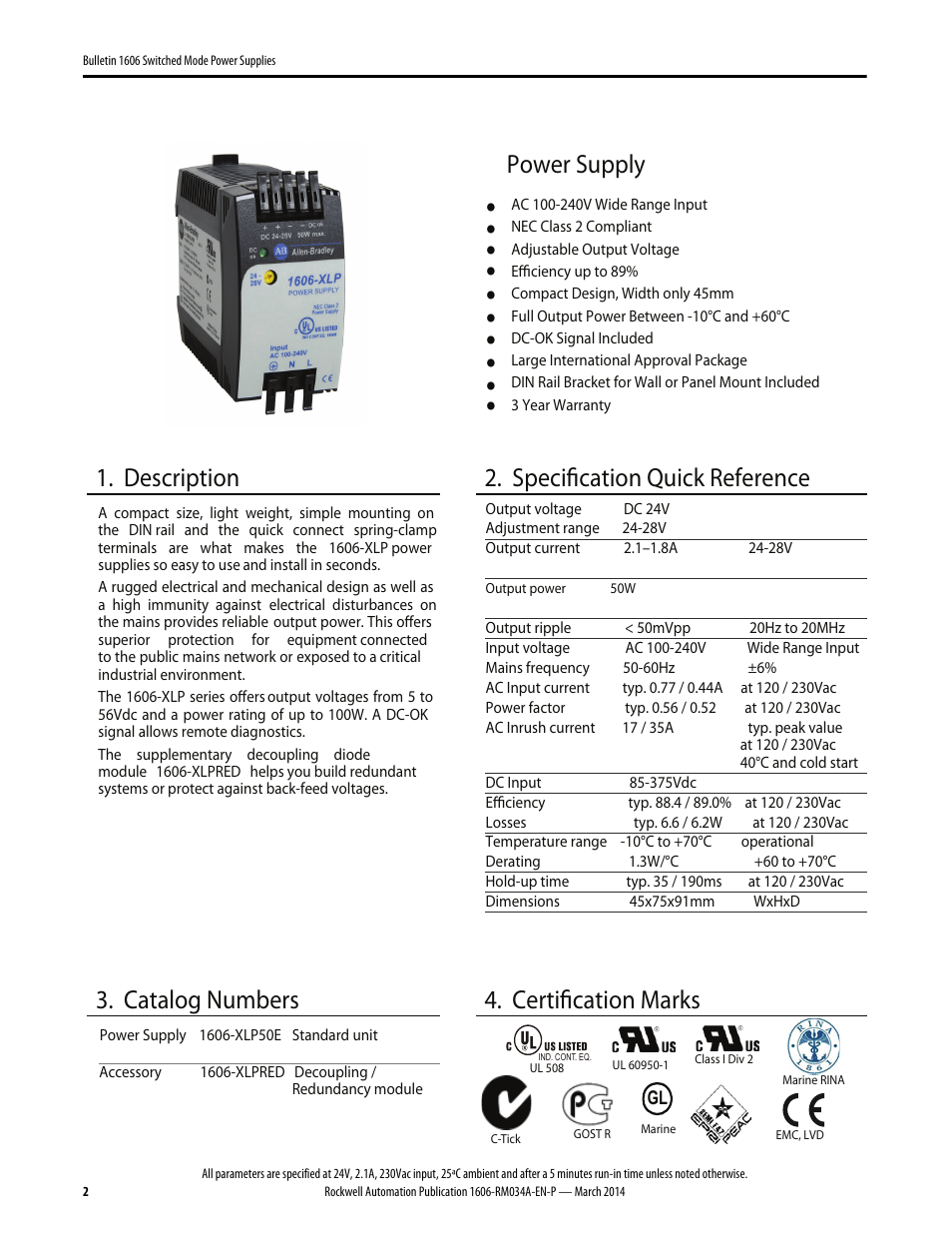 Power supply, Description, Specification quick reference | Catalog numbers, Certification marks | Rockwell Automation 1606-XLP50E Power Supply Reference Manual User Manual | Page 2 / 22