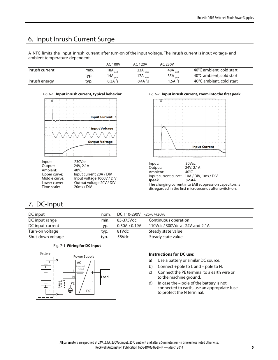 Input inrush current surge, Dc-input | Rockwell Automation 1606-XLP50E Power Supply Reference Manual User Manual | Page 5 / 22