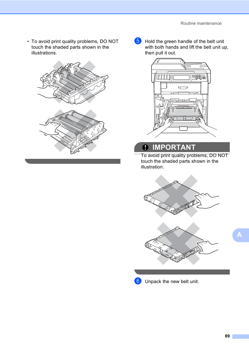 Important, Unpack the new belt unit | Brother Copier/Printer MFC-9970CDW User Manual | Page 105 / 214