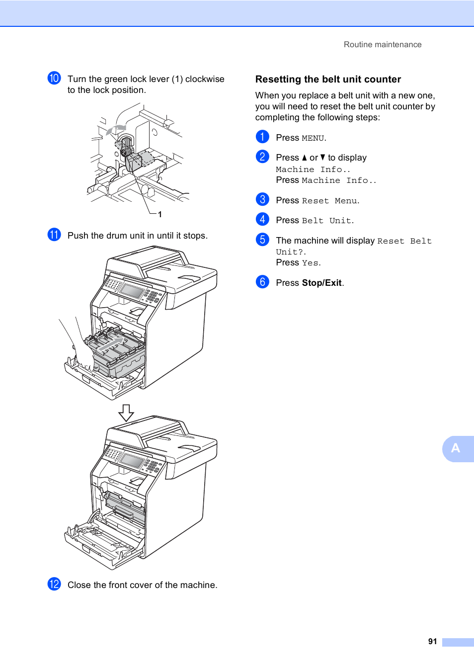 Resetting the belt unit counter | Brother Copier/Printer MFC-9970CDW User Manual | Page 107 / 214