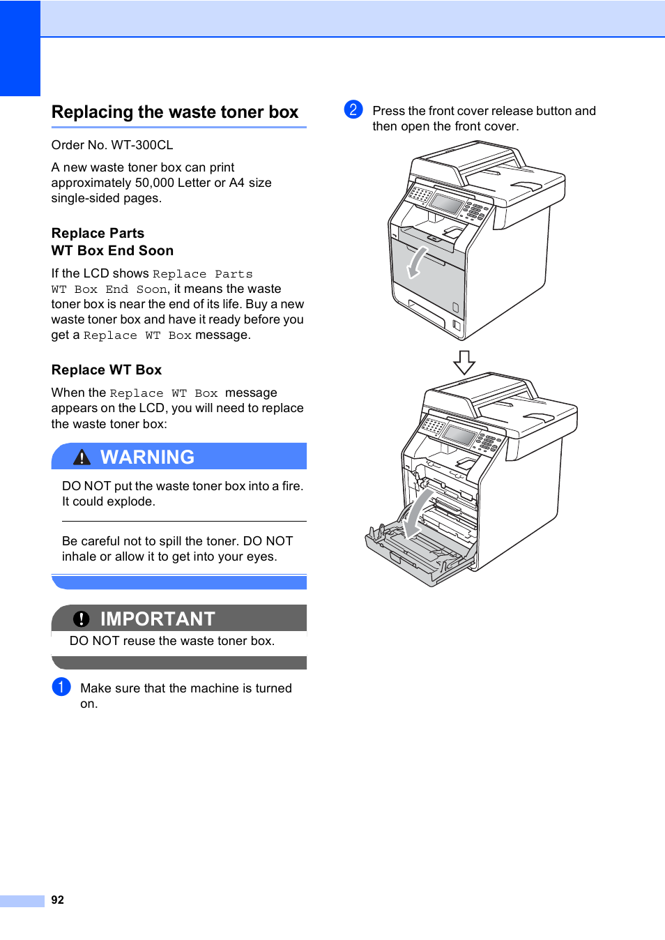 Replacing the waste toner box, Replace parts wt box end soon, Replace wt box | Warning, Important | Brother Copier/Printer MFC-9970CDW User Manual | Page 108 / 214