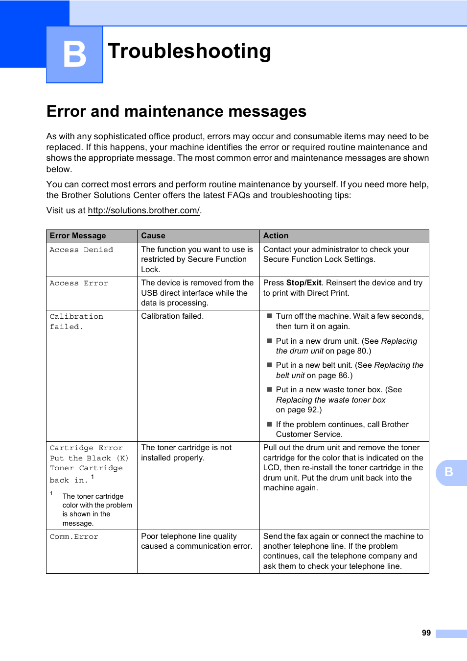 B troubleshooting, Error and maintenance messages, Troubleshooting 99 | Troubleshooting | Brother Copier/Printer MFC-9970CDW User Manual | Page 115 / 214