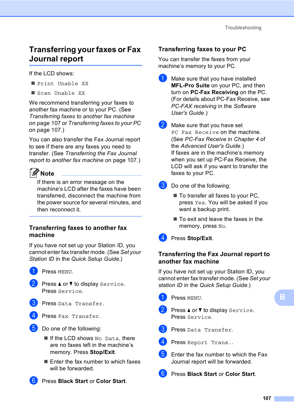 Transferring your faxes or fax journal report, Transferring faxes to another fax machine, Transferring faxes to your pc | Btransferring your faxes or fax journal report | Brother Copier/Printer MFC-9970CDW User Manual | Page 123 / 214