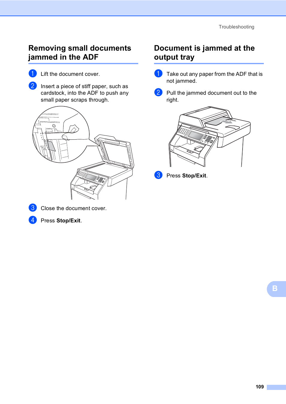 Removing small documents jammed in the adf, Document is jammed at the output tray, Bremoving small documents jammed in the adf | Brother Copier/Printer MFC-9970CDW User Manual | Page 125 / 214