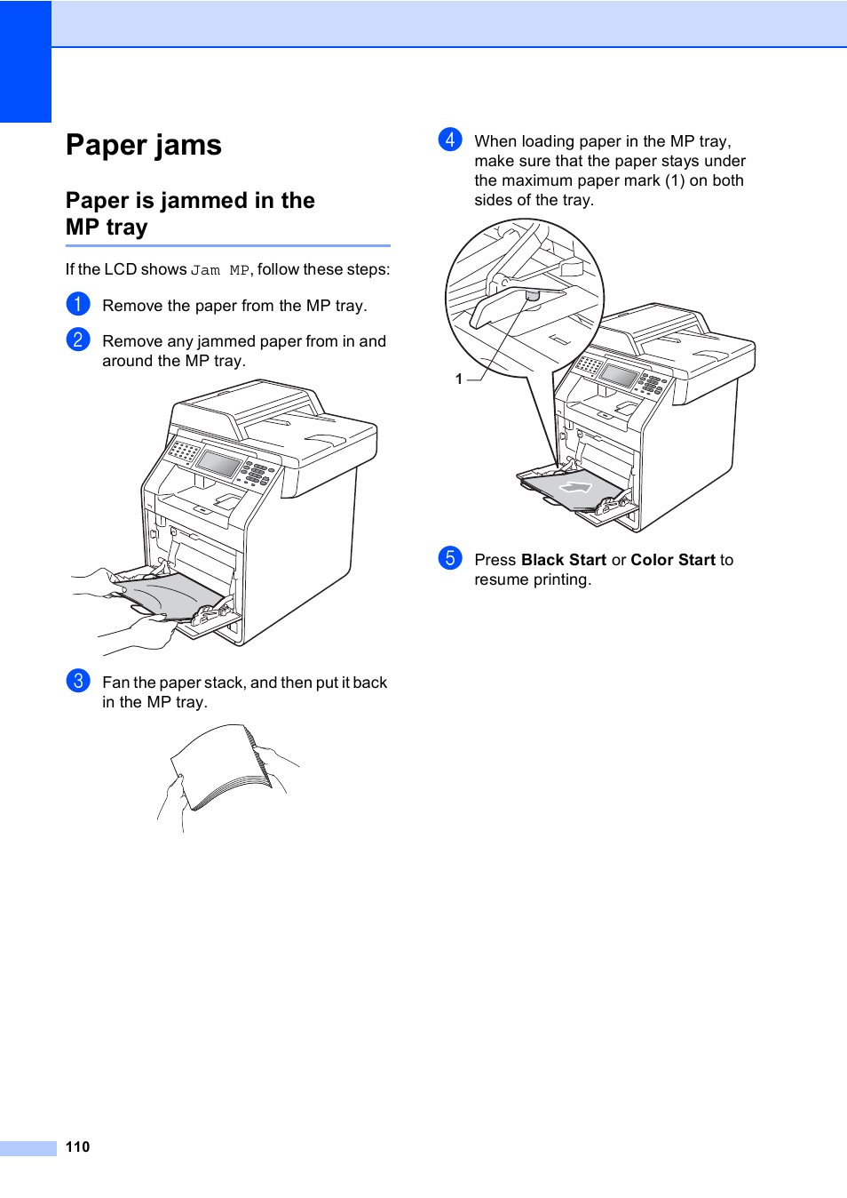 Paper jams, Paper is jammed in the mp tray | Brother Copier/Printer MFC-9970CDW User Manual | Page 126 / 214