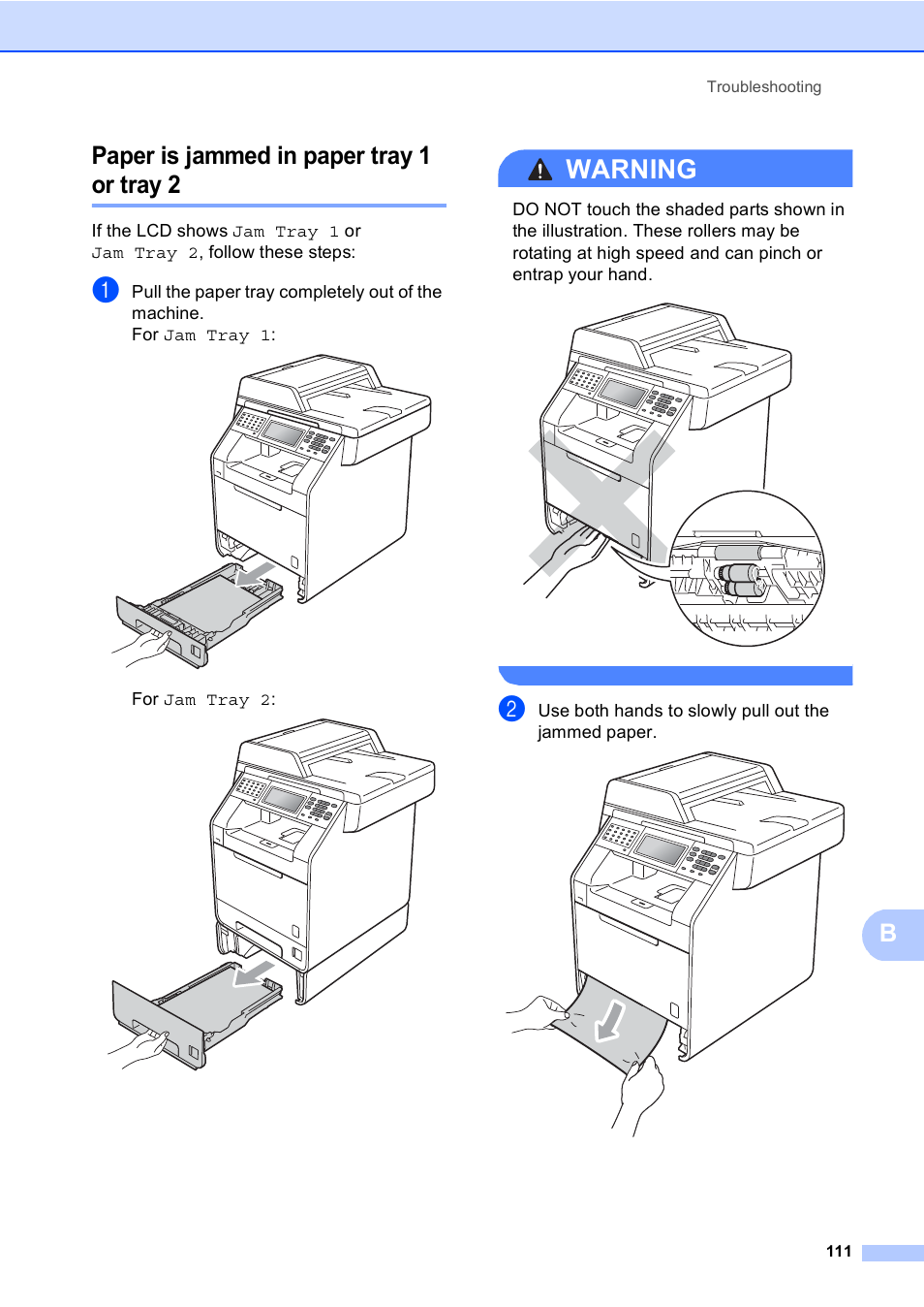 Paper is jammed in paper tray 1 or tray 2, Warning, Bpaper is jammed in paper tray 1 or tray 2 | Brother Copier/Printer MFC-9970CDW User Manual | Page 127 / 214