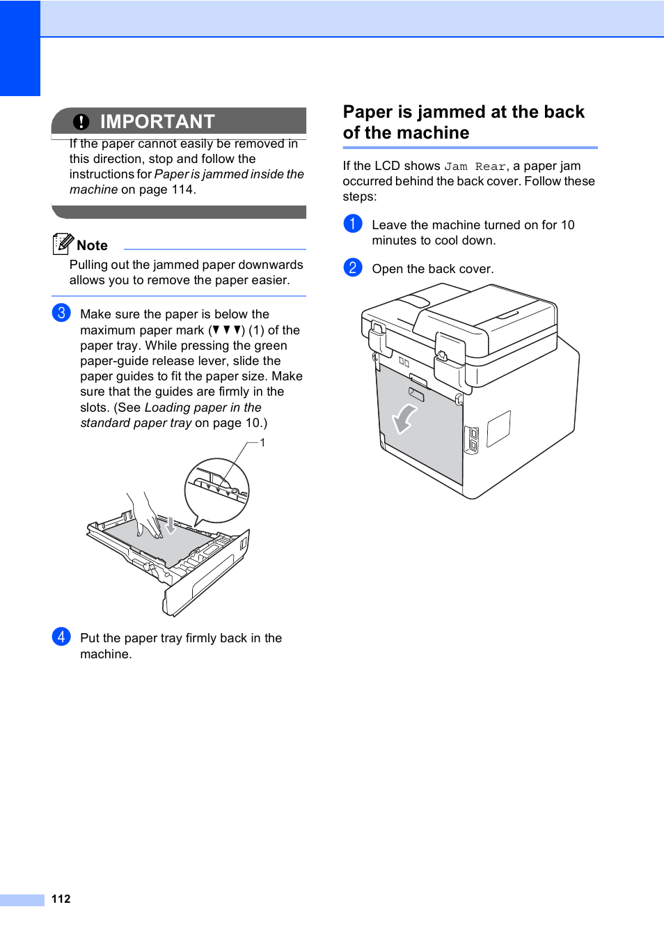 Paper is jammed at the back of the machine, Important | Brother Copier/Printer MFC-9970CDW User Manual | Page 128 / 214