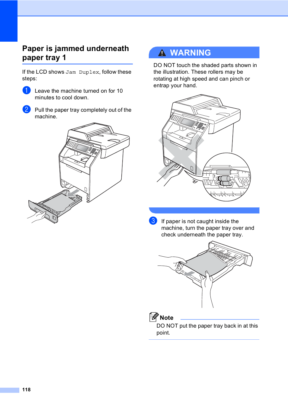 Paper is jammed underneath paper tray 1, Warning | Brother Copier/Printer MFC-9970CDW User Manual | Page 134 / 214