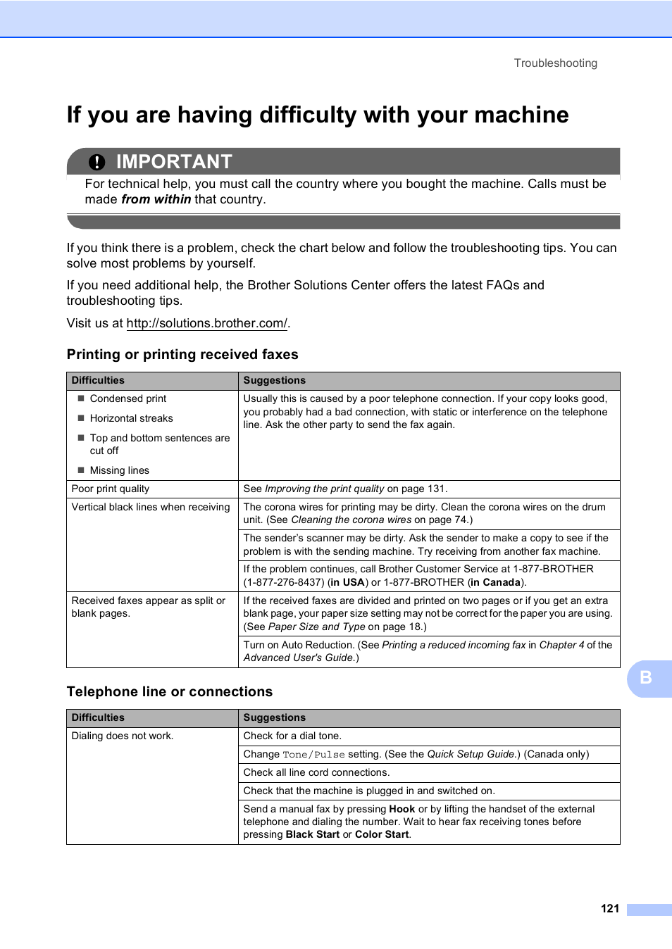 If you are having difficulty with your machine, Important, Printing or printing received faxes | Telephone line or connections | Brother Copier/Printer MFC-9970CDW User Manual | Page 137 / 214