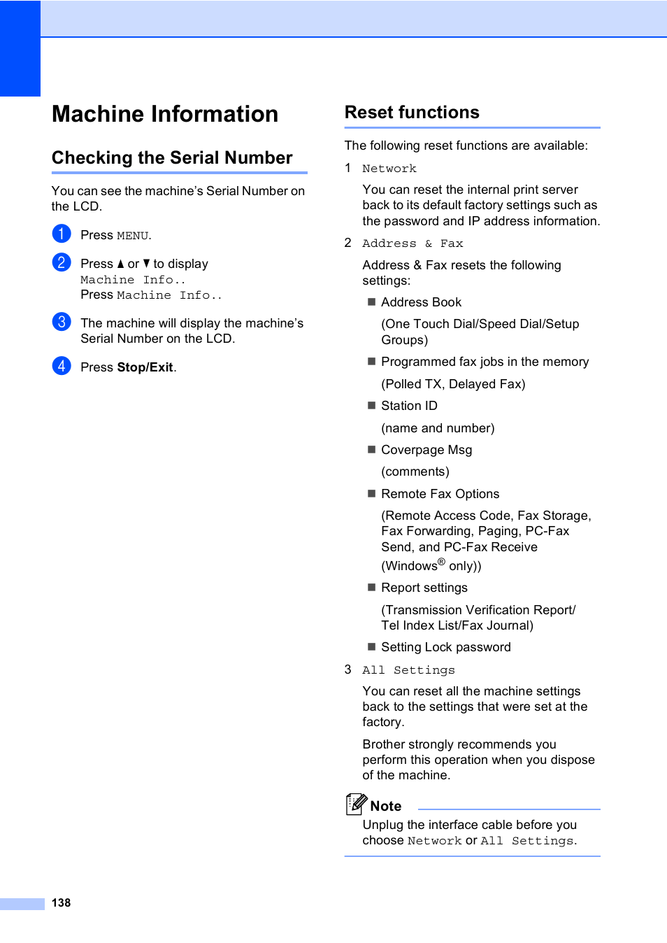 Machine information, Checking the serial number, Reset functions | Checking the serial number reset functions | Brother Copier/Printer MFC-9970CDW User Manual | Page 154 / 214