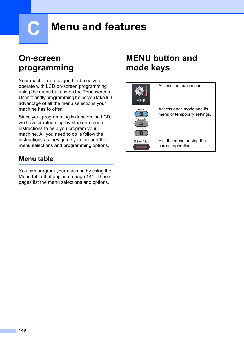 C menu and features, On-screen programming, Menu table | Menu button and mode keys, Menu and features | Brother Copier/Printer MFC-9970CDW User Manual | Page 156 / 214