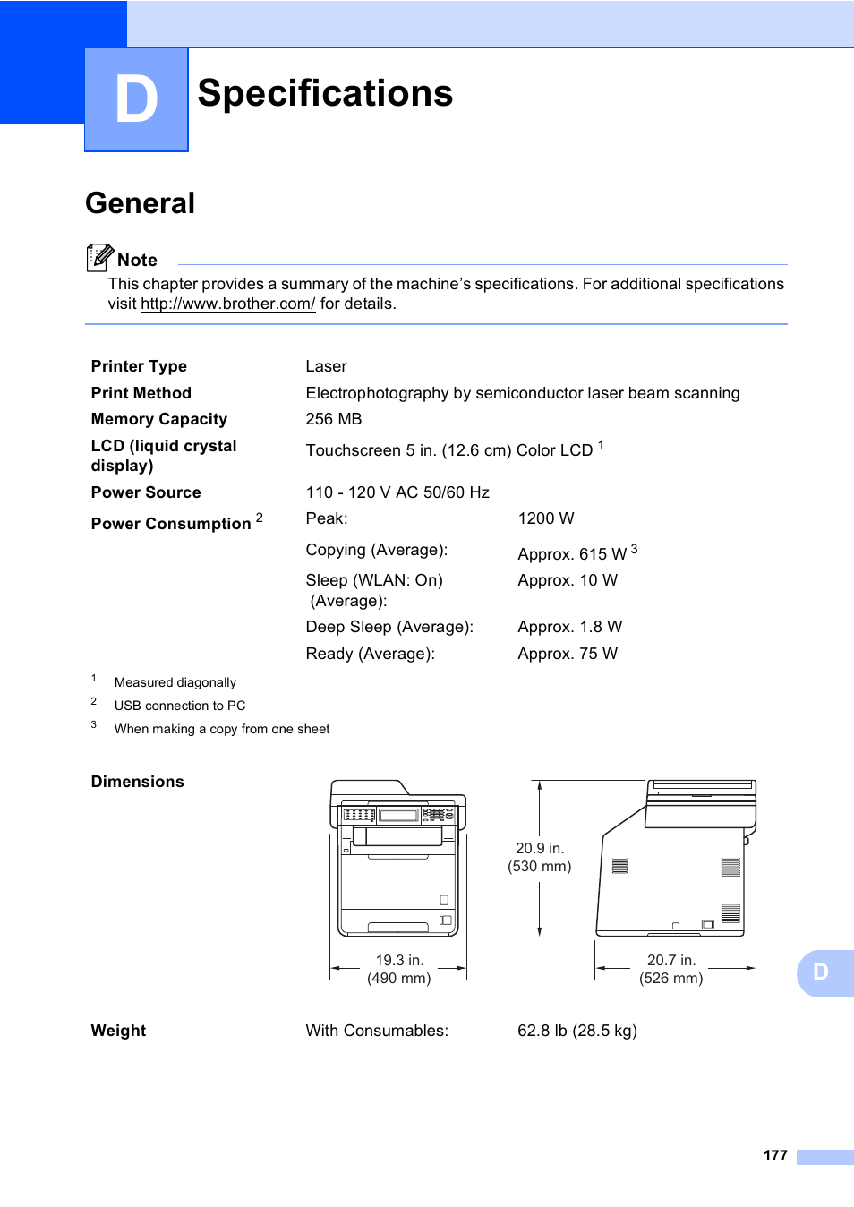 D specifications, General, Specifications | Brother Copier/Printer MFC-9970CDW User Manual | Page 193 / 214