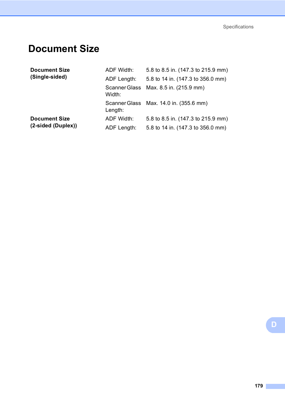 Document size | Brother Copier/Printer MFC-9970CDW User Manual | Page 195 / 214