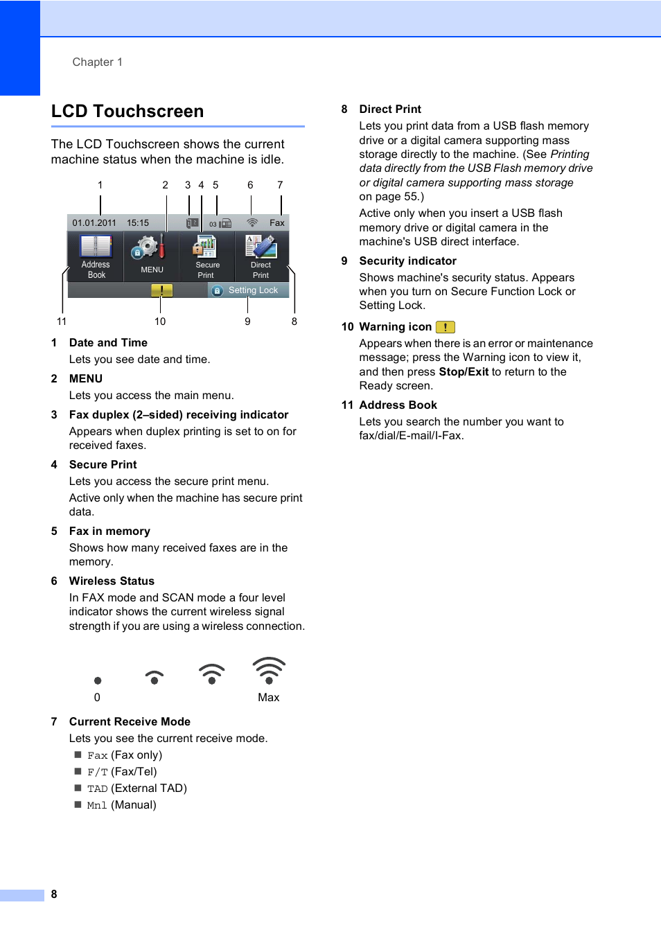 Lcd touchscreen | Brother Copier/Printer MFC-9970CDW User Manual | Page 24 / 214